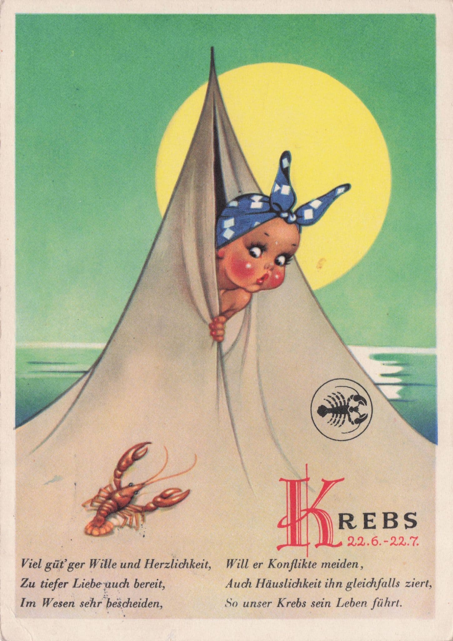 German Lady Camping Old Tent With Scary Crab Vintage Comic Postcard