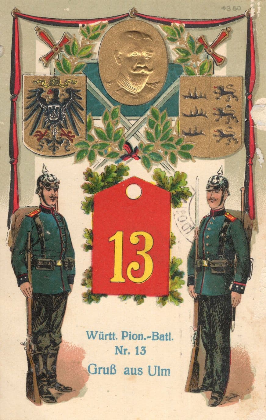 German Metallic Gold Army Military Shield 13 Greetings WW1 Old Postcard
