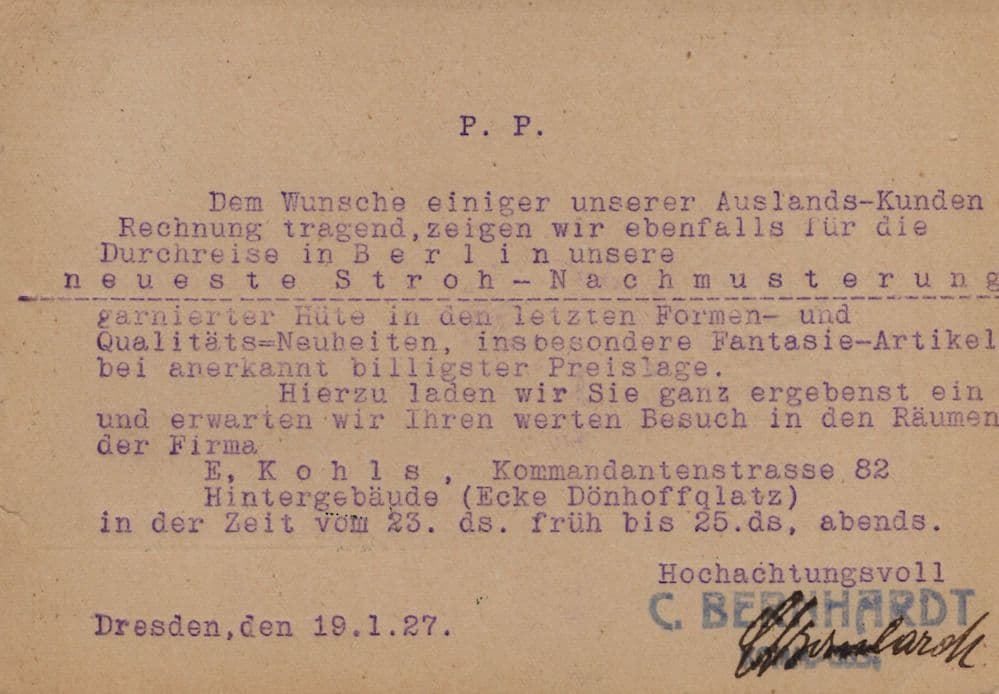 German Old Straw Hats Dresden Berlin Exhibition Stand Director Signed Postcard