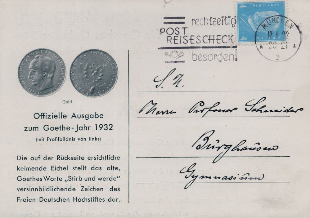 German Peoples Donations For Goethe 1932 Old Coins Postcard