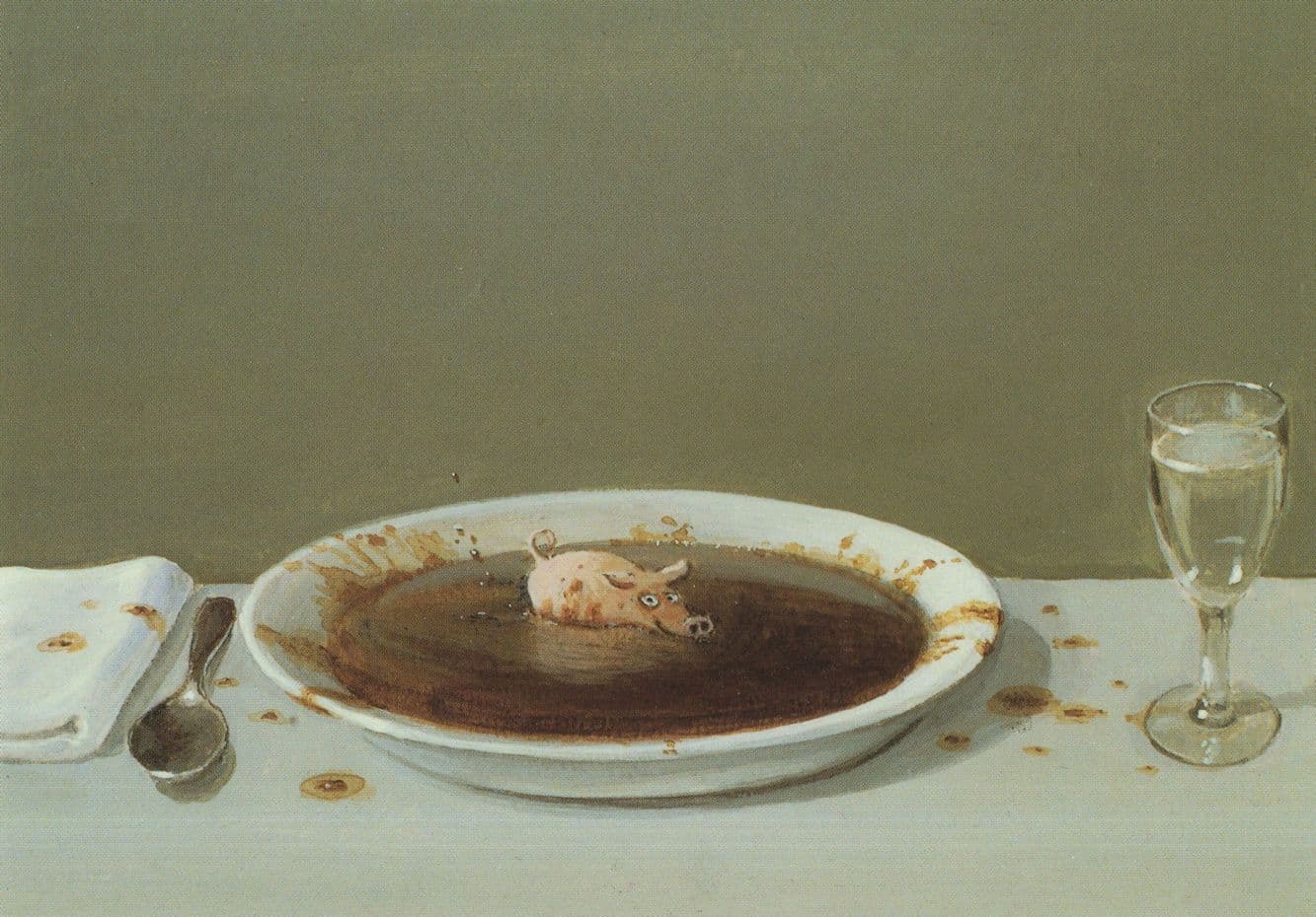 German Pig Soup With Real Pig Swimming Suppenschwein Painting Postcard