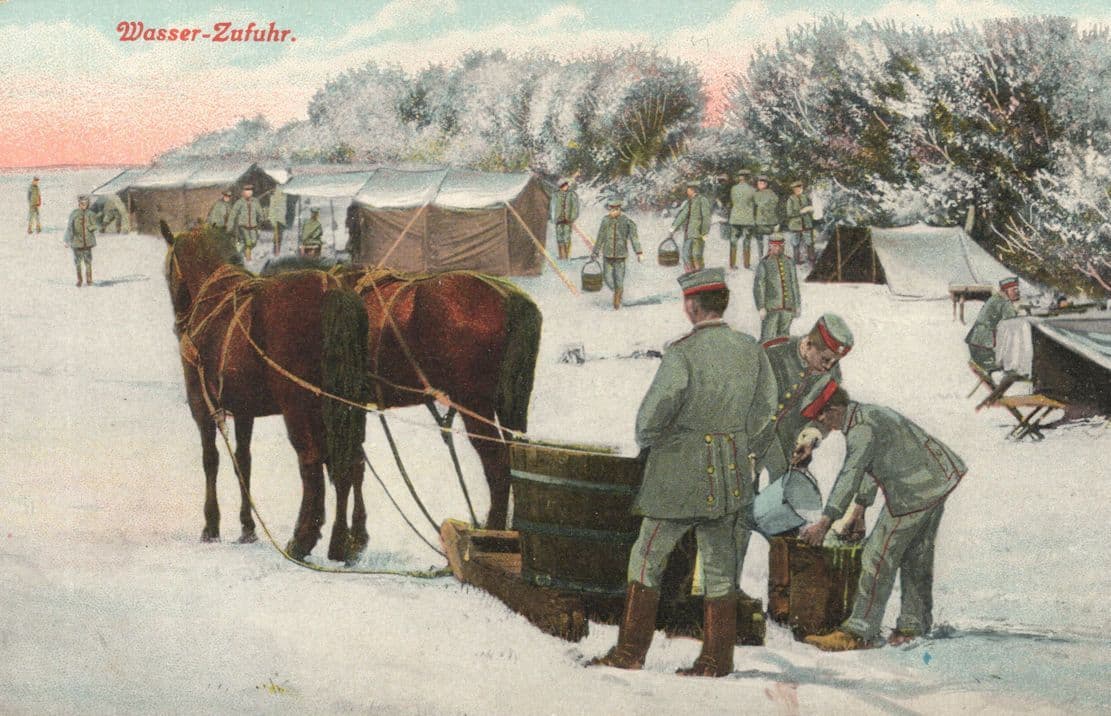 German Soldiers WW1 Horse Camp Life Snow Christmas War Postcard