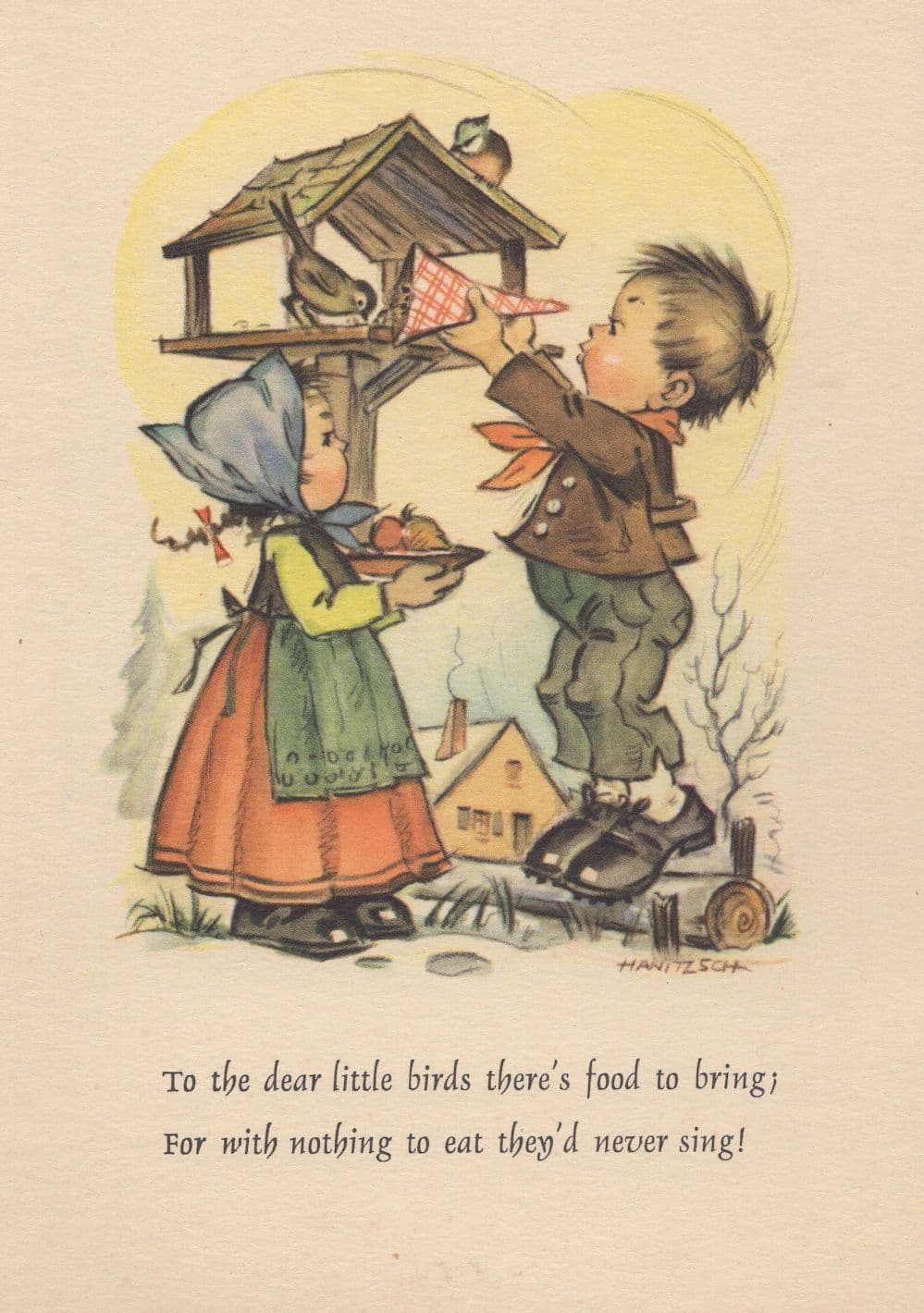 German Tree House Children Birds Food For Singing Postcard