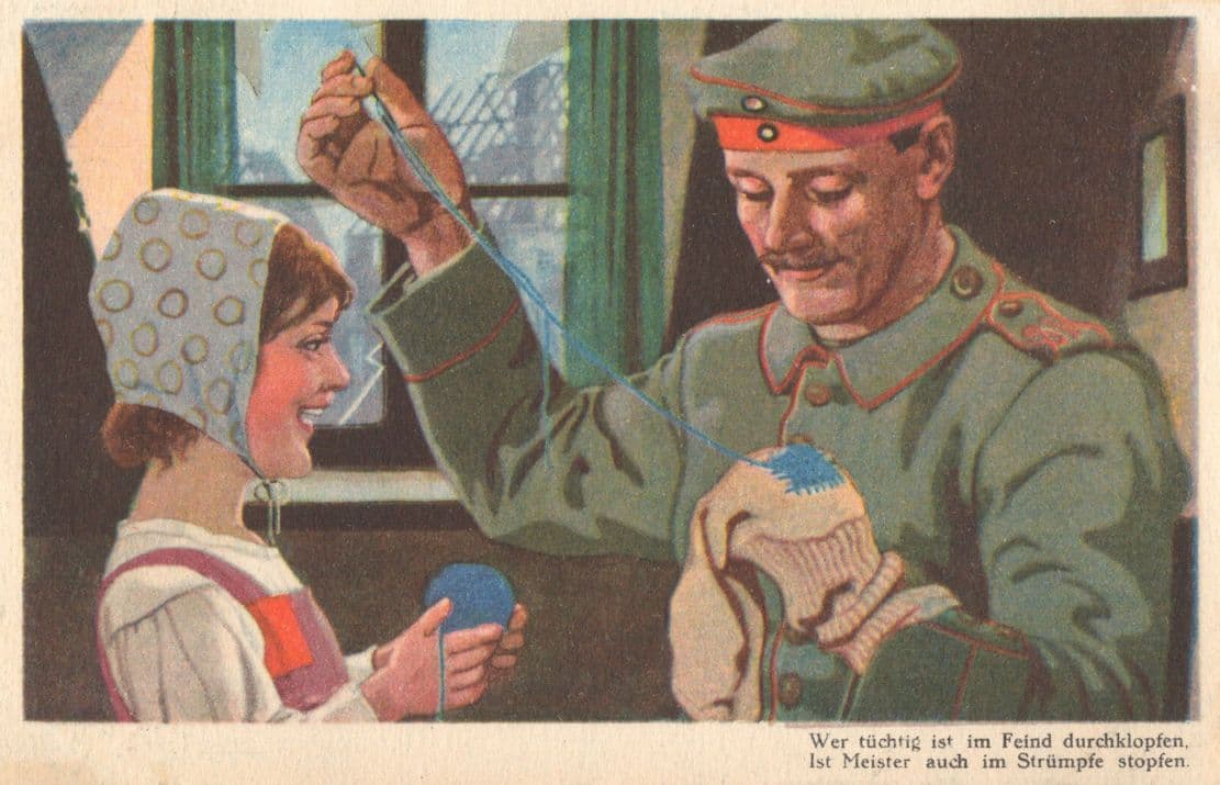 German WW1 Soldier Lady Mending Sewing Glove Knitting Old Painting Postcard