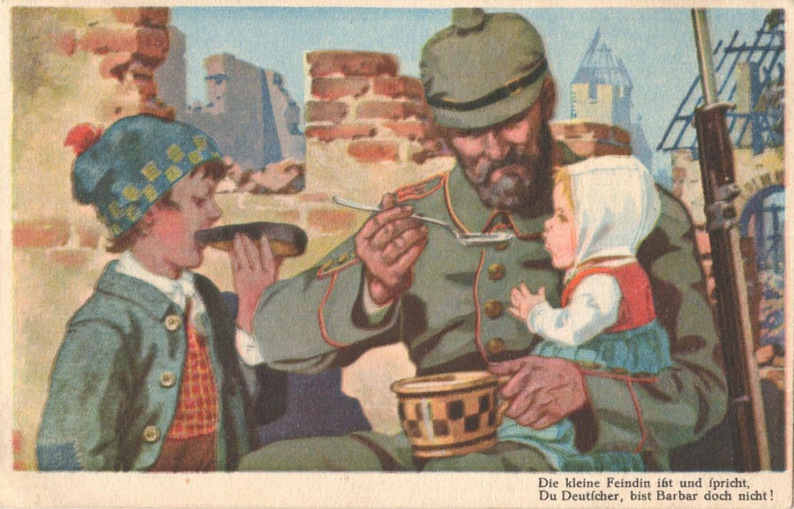 German WW1 Soldier Spoon Feeding Children Military Painting Postcard