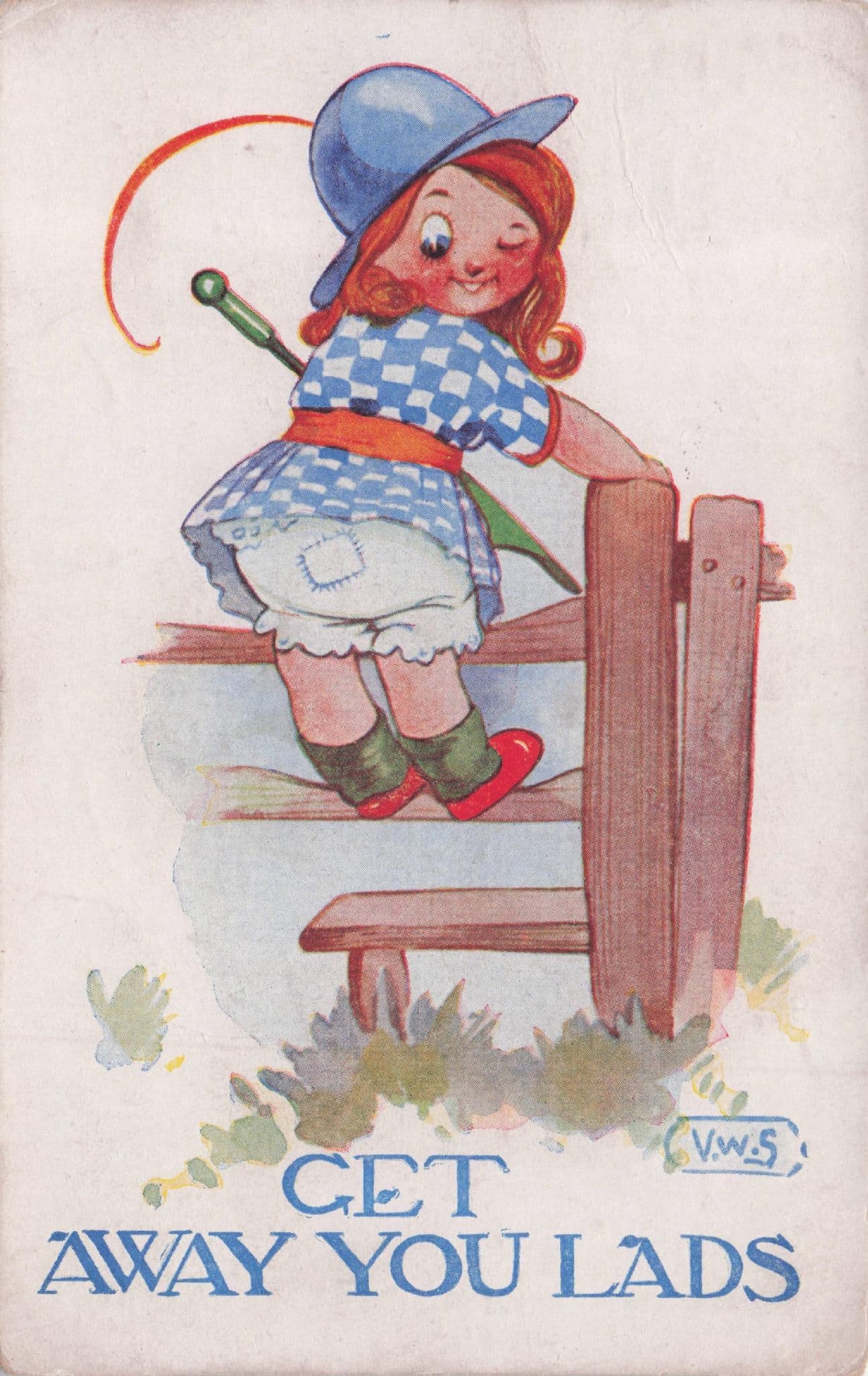 Get Away You Lads Girl As Country Farmer Old WW1 Comic Postcard