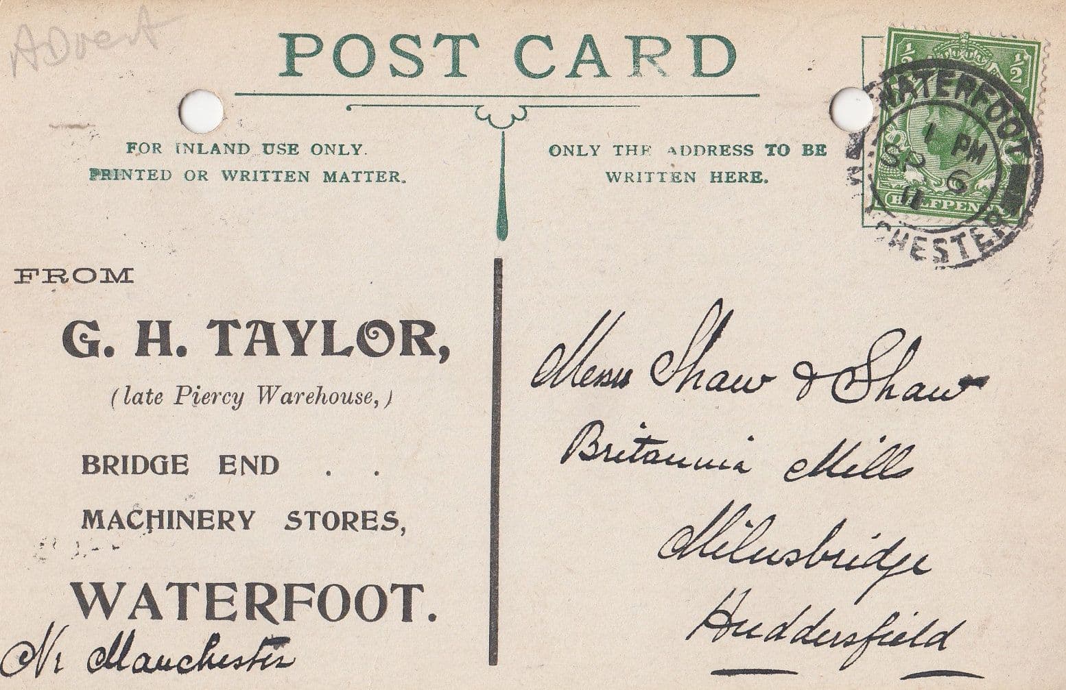 GH Taylor Machinery Factory Store Waterfoot Manchester Advertising Postcard