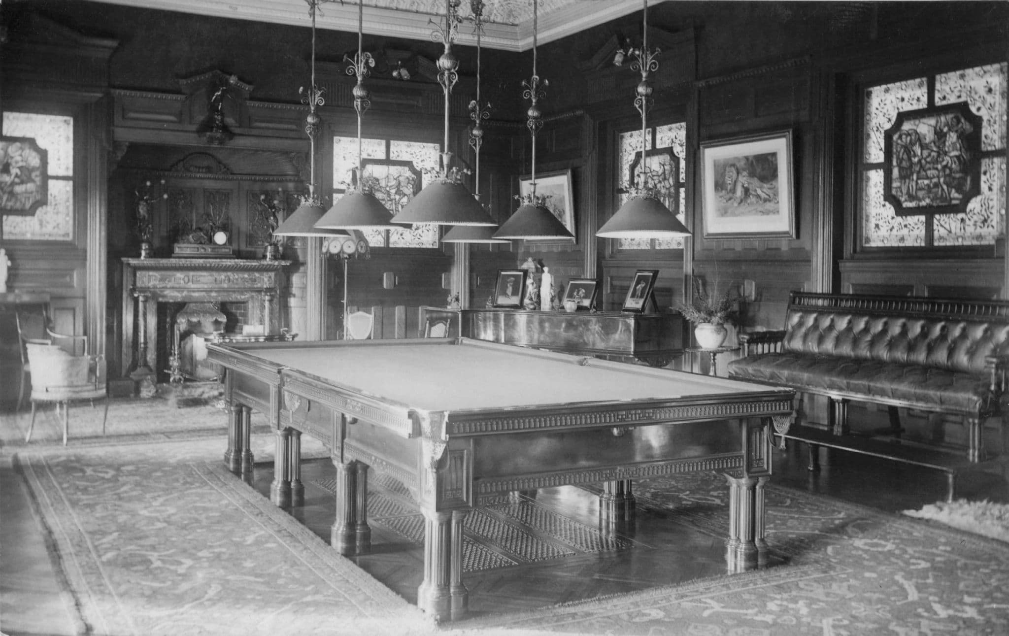 Giant Antique Pub Billiards Pool Table Stained Glass Old RPC Postcard