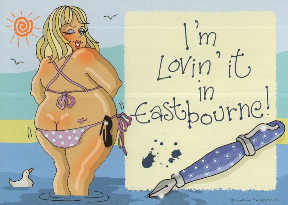 Giant Blue Fountain Pen With Sexy Lady Eastbourne Comic Postcard