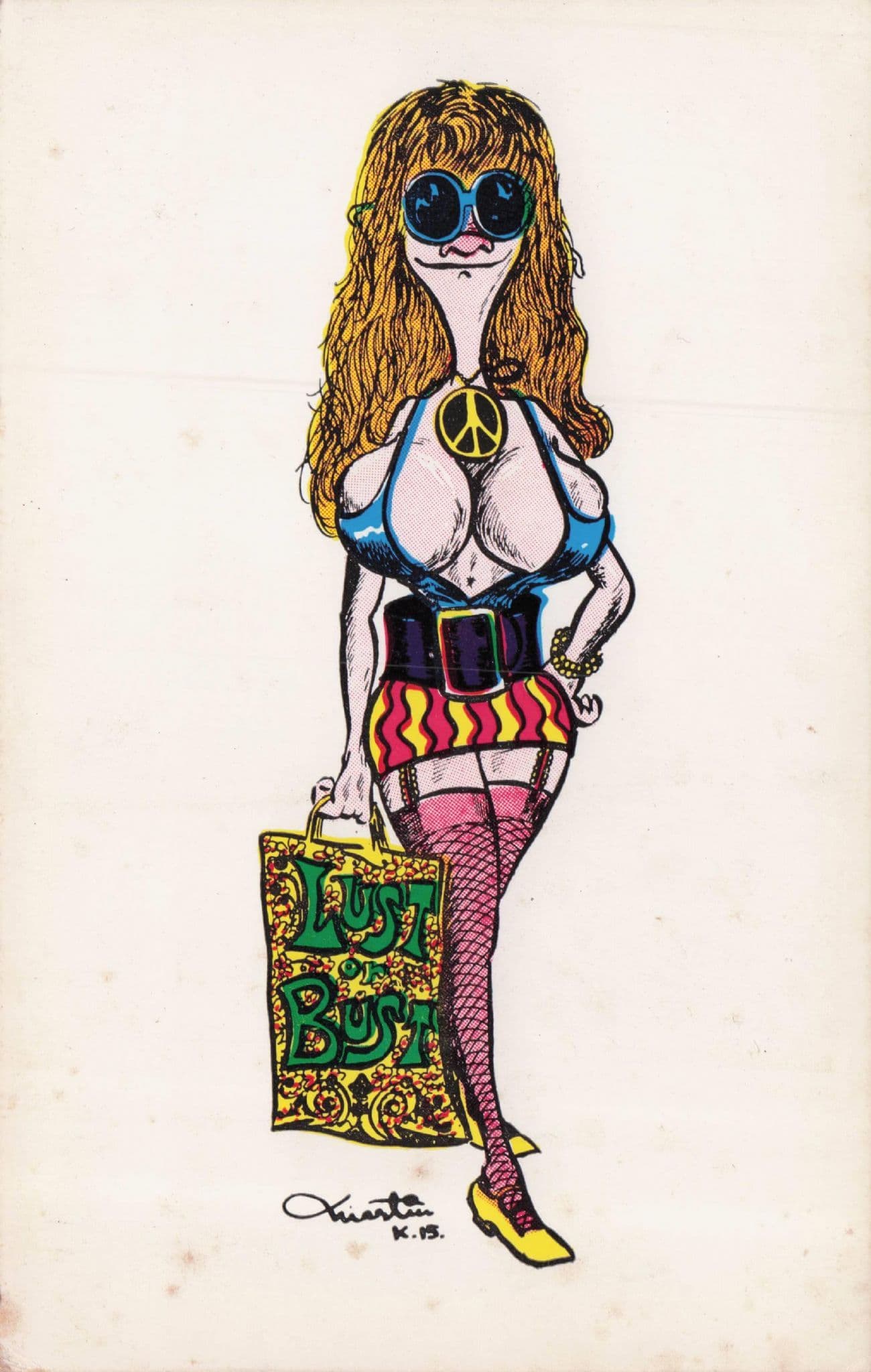 Giant Boobs CND Peace Lady Protester 1970s Caricature Art Postcard