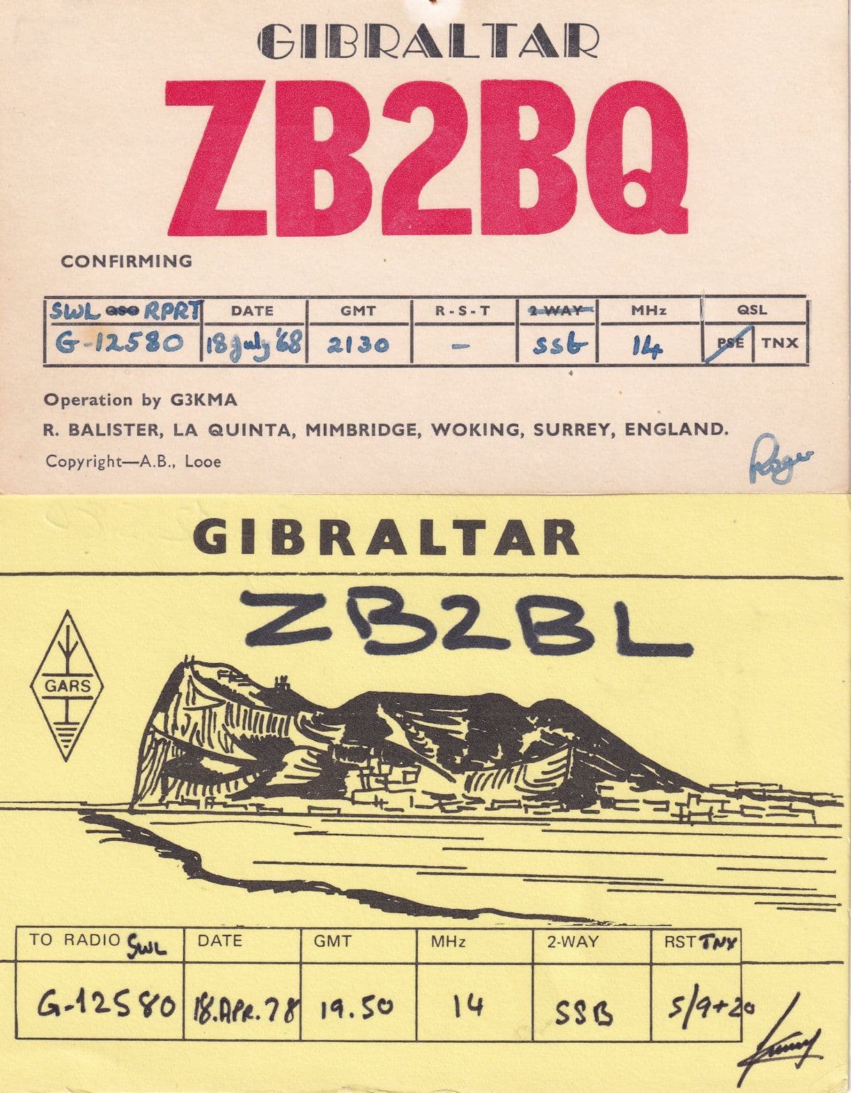 Gibralter 2x Vintage QSL Amateur Radio Contact Card s