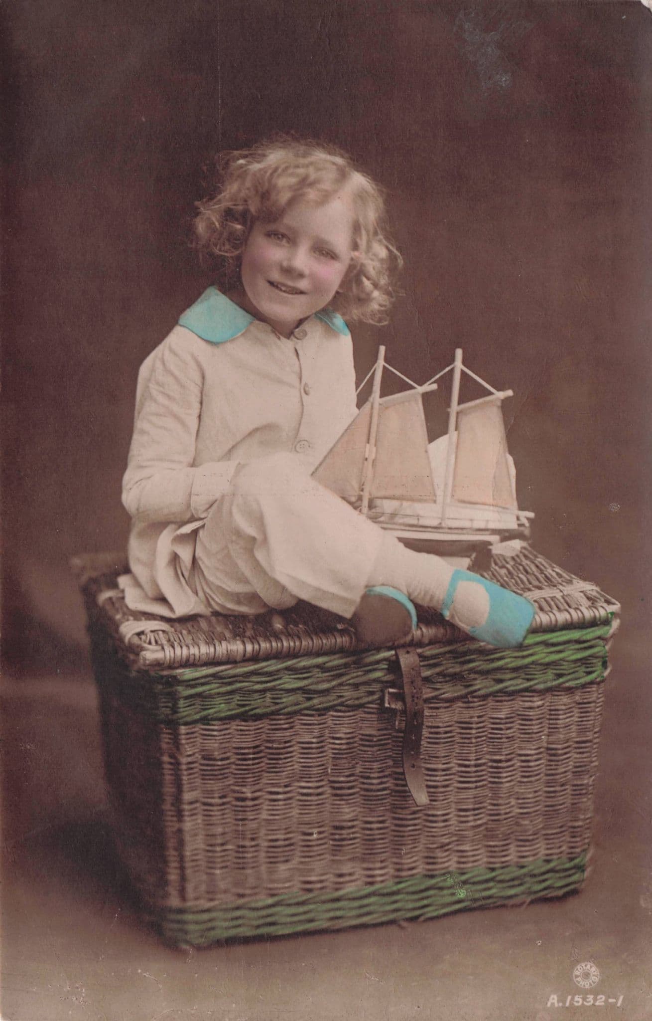 Girl Child & Toy Model Ship Boat Hand Painted Old Postcard