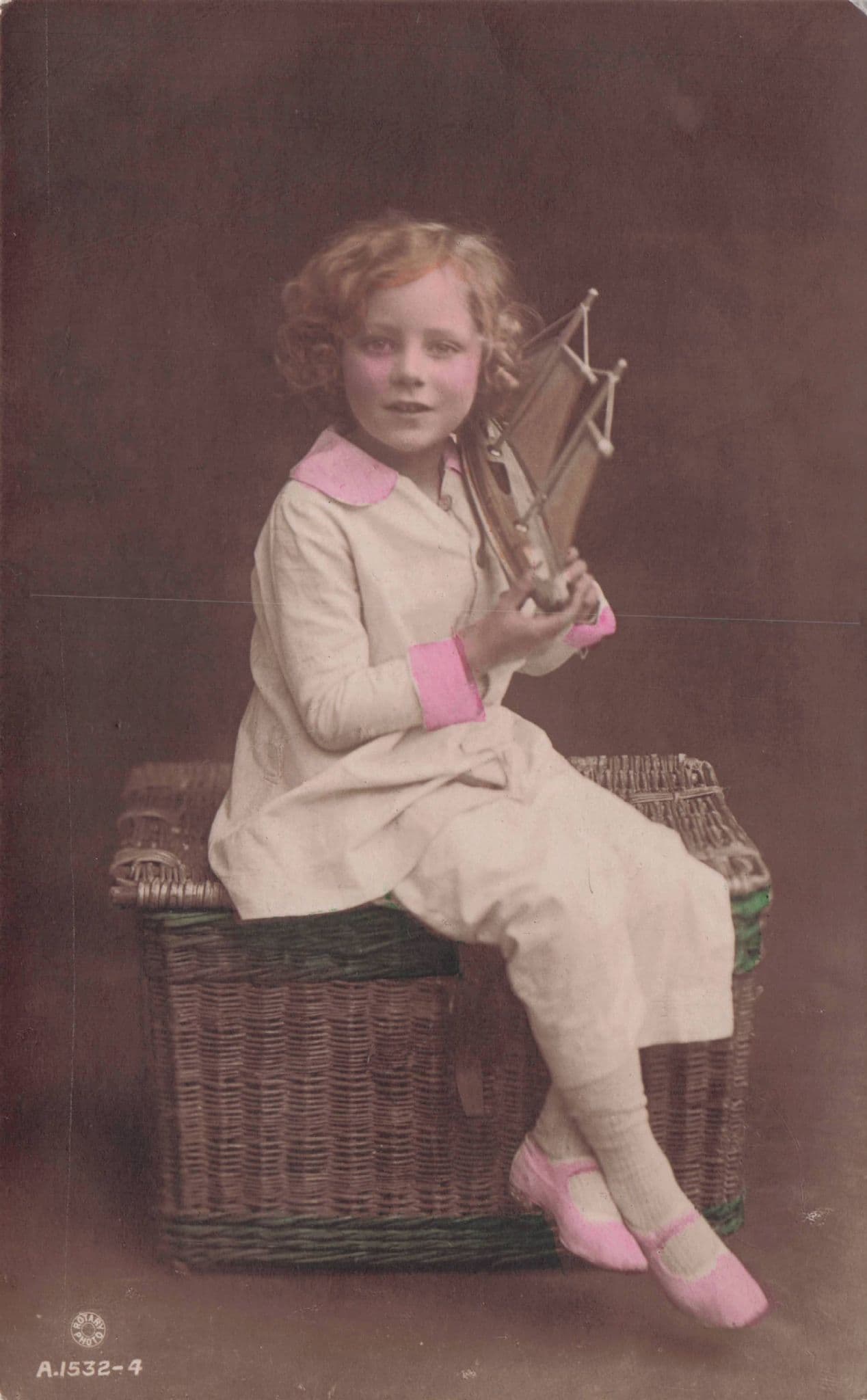 Girl Child With Toy Model Ship Boat Hand Painted Old Postcard
