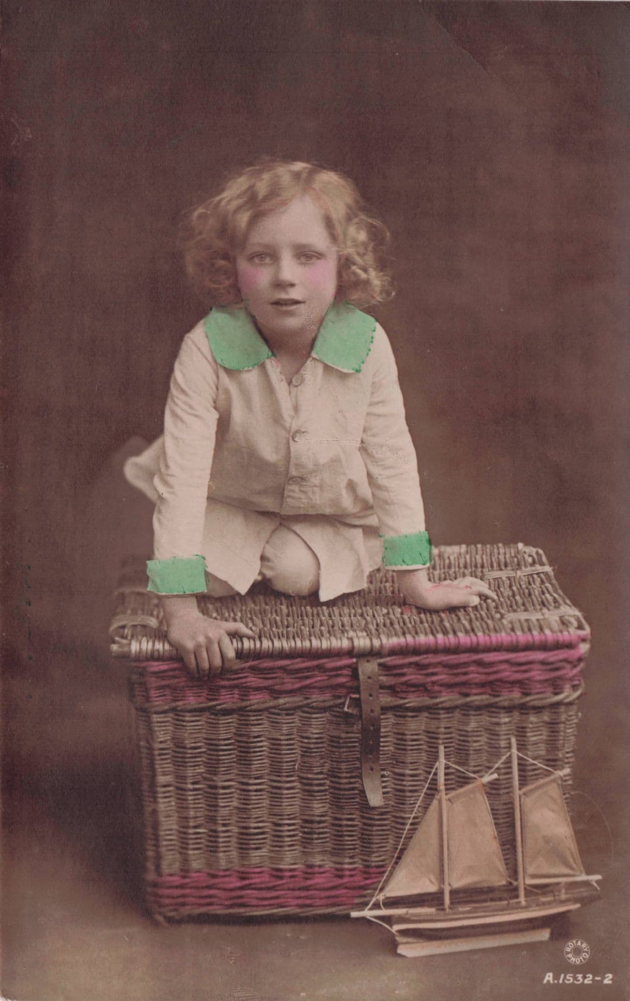 Girl Child With Toy Model Ship Hand Painted Antique Postcard