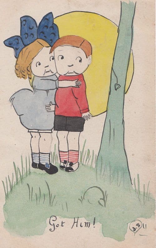 Girl Gets Cuddles Boy Sunset Got Him Antique Postcard