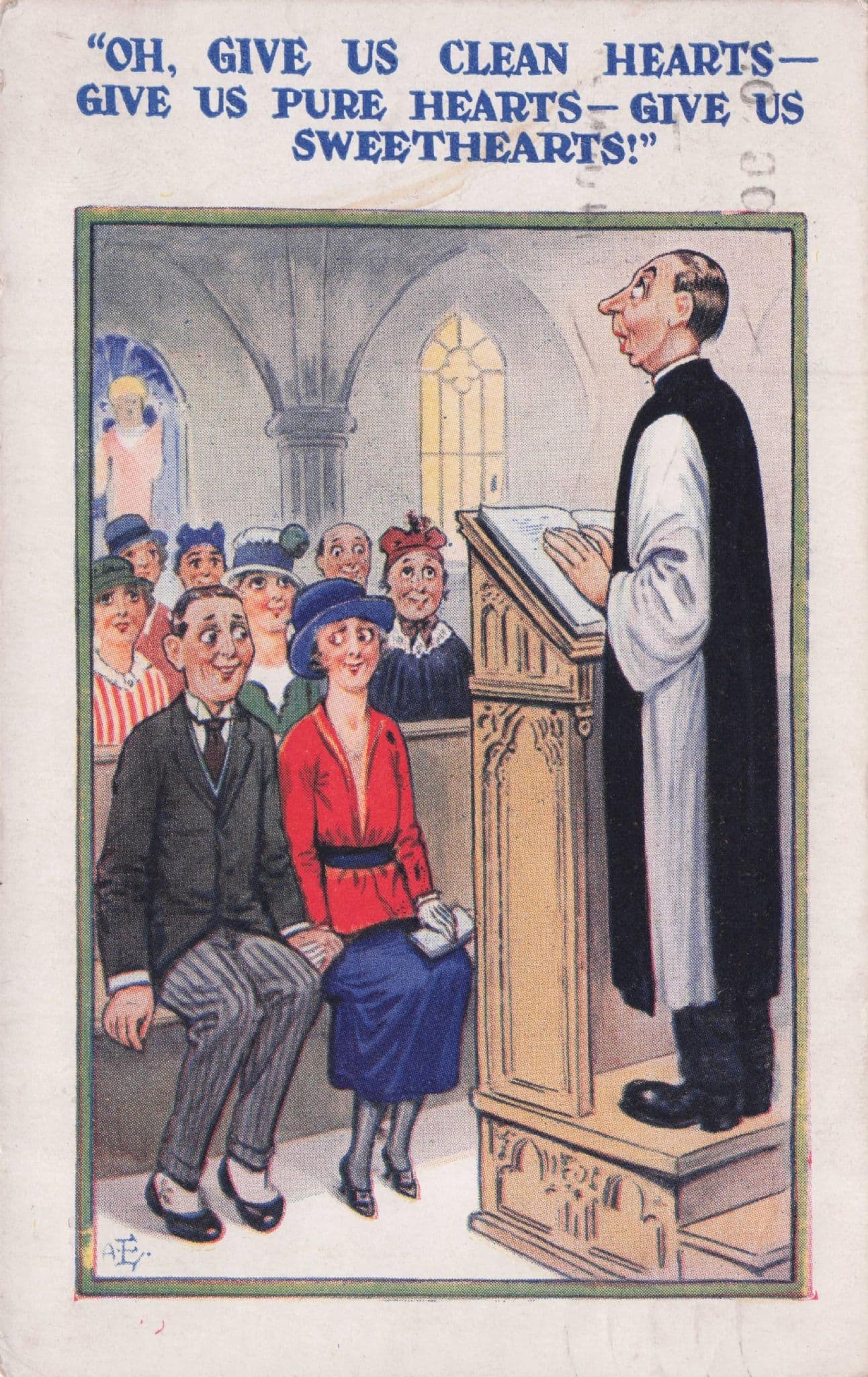 Give Us Sweethearts Vicar Priest Sermon Old 1920s Comic Postcard