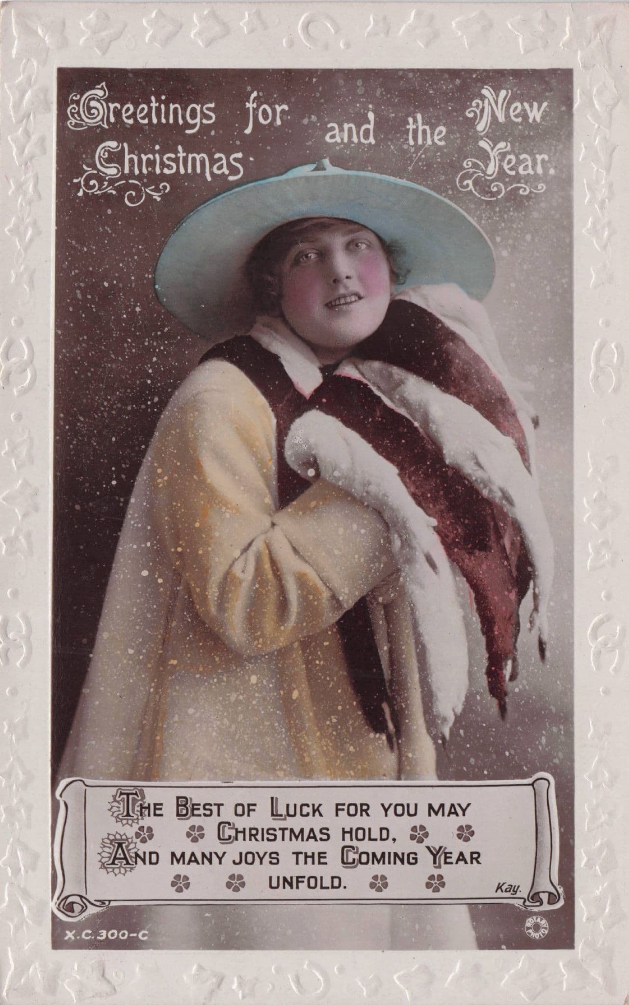 Glamour Lady With Bird Hunting Stole Scarves Real Photo Christmas Postcard
