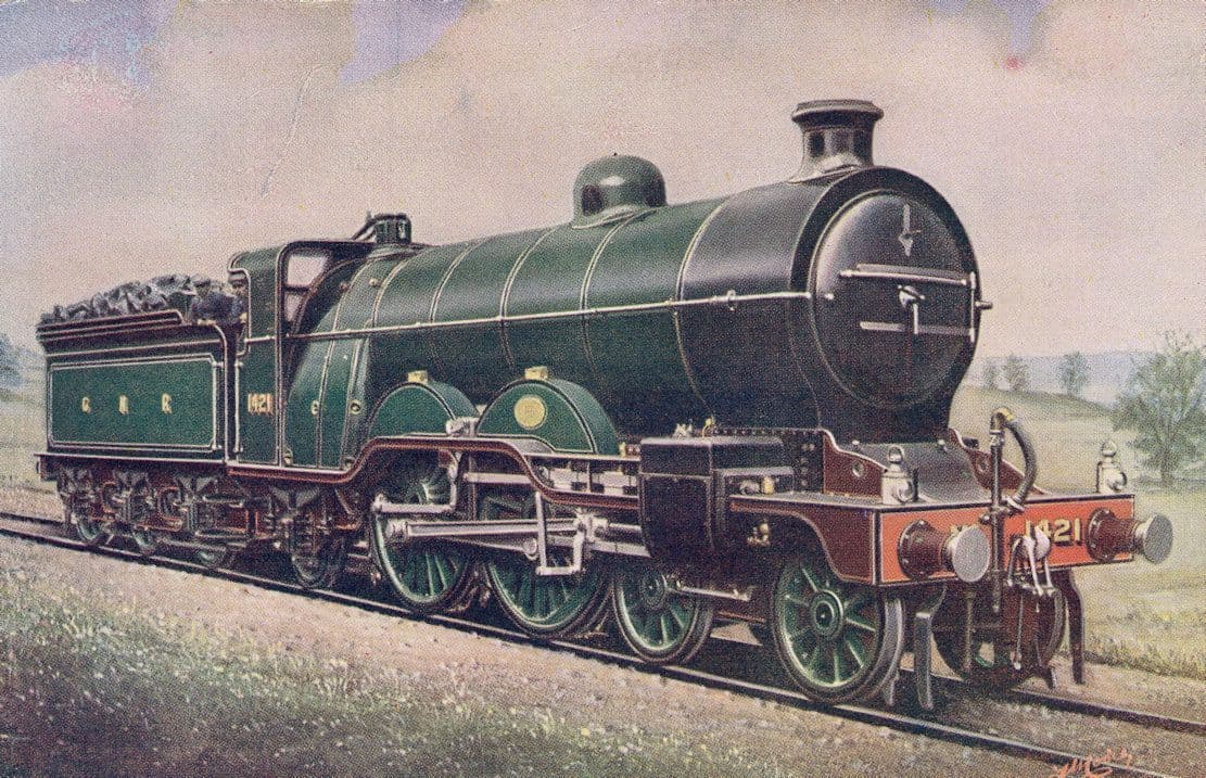 GN Compound 4-4-2 Train 1421 at Doncaster in 1907 Postcard