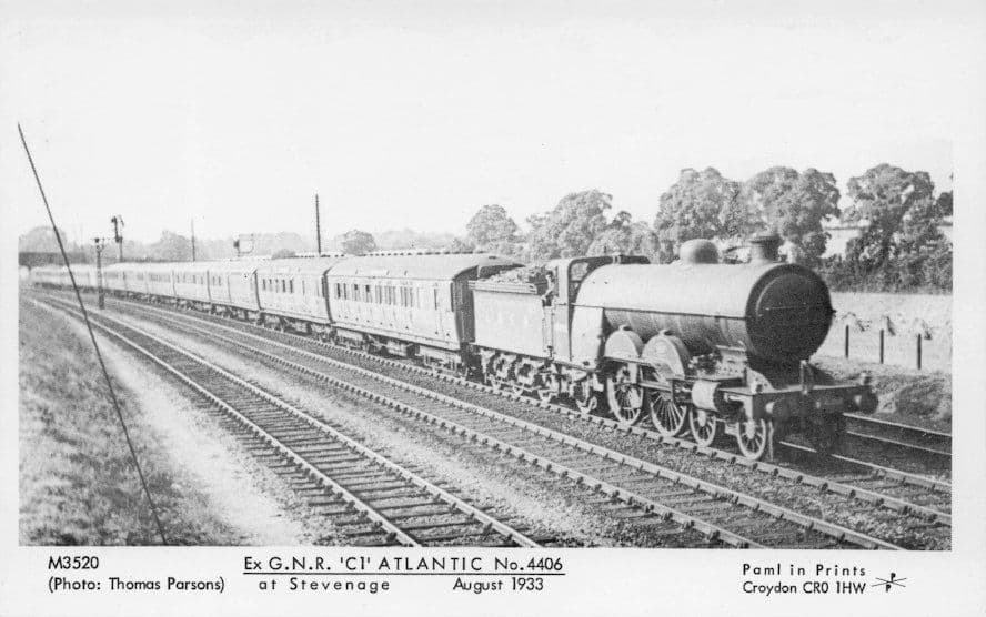 GNR Old Train Atlantic 4406 in 1933 at Stevenage Pamlin Prints Railway RPC Postcard