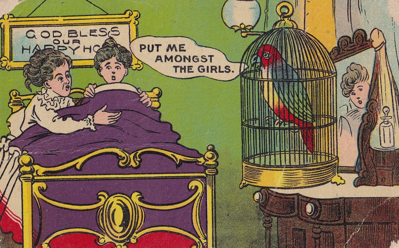 God Bless Our Happy House Budgie Bird Comic Old Postcard