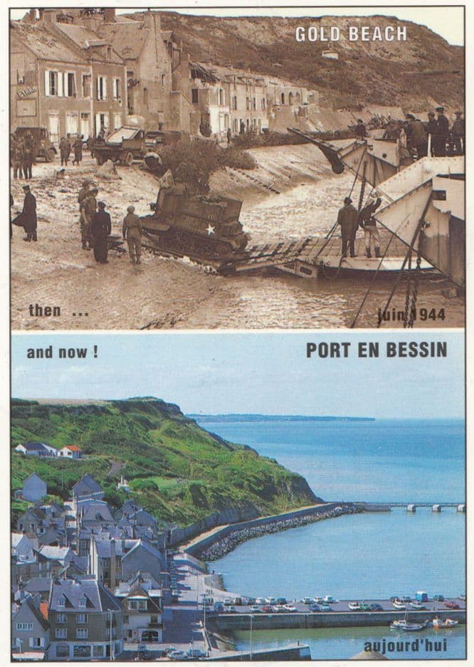 Gold Beach Port En Bessin French During WW2 Battle Military View & Now Postcard