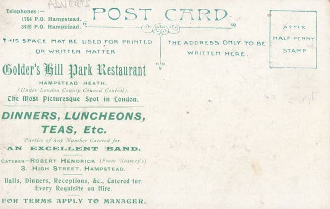 Golders Hill Green Restaurant Hampstead Music Bands Antique Advertising Postcard