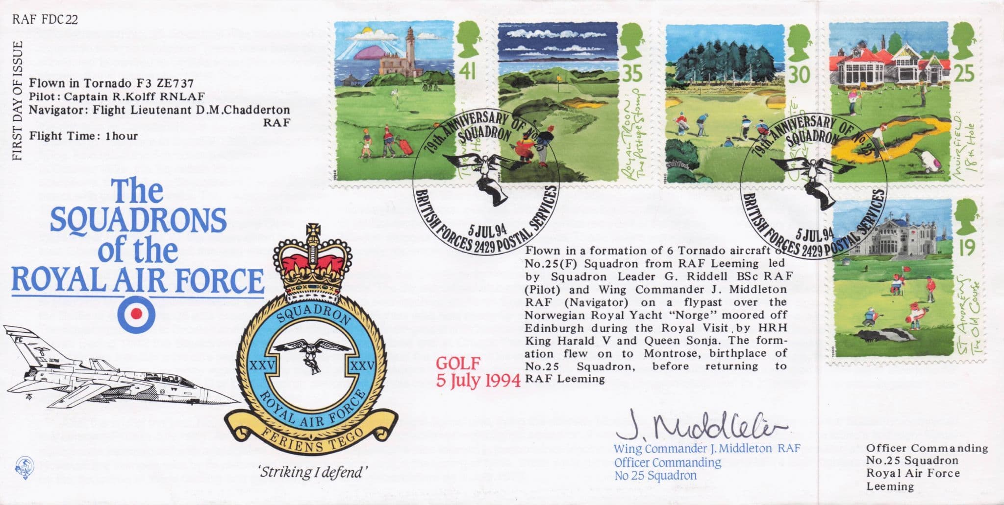 Golf 1994 J Middleton Military Squadrons Of The Royal Air Force Hand Signed FDC