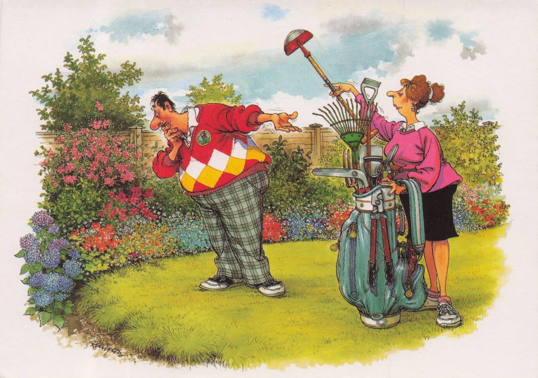 Golf Ball Lost In Garden Flowers Lady Caddy Disaster Comic Postcard