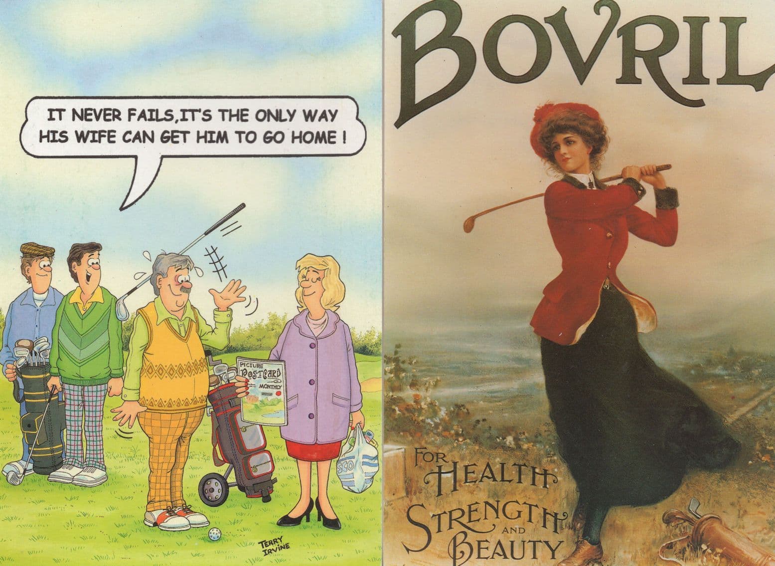 Golf Caddy Magazine Comic & Lady Golfer Bovril 2x Advertising Postcard s