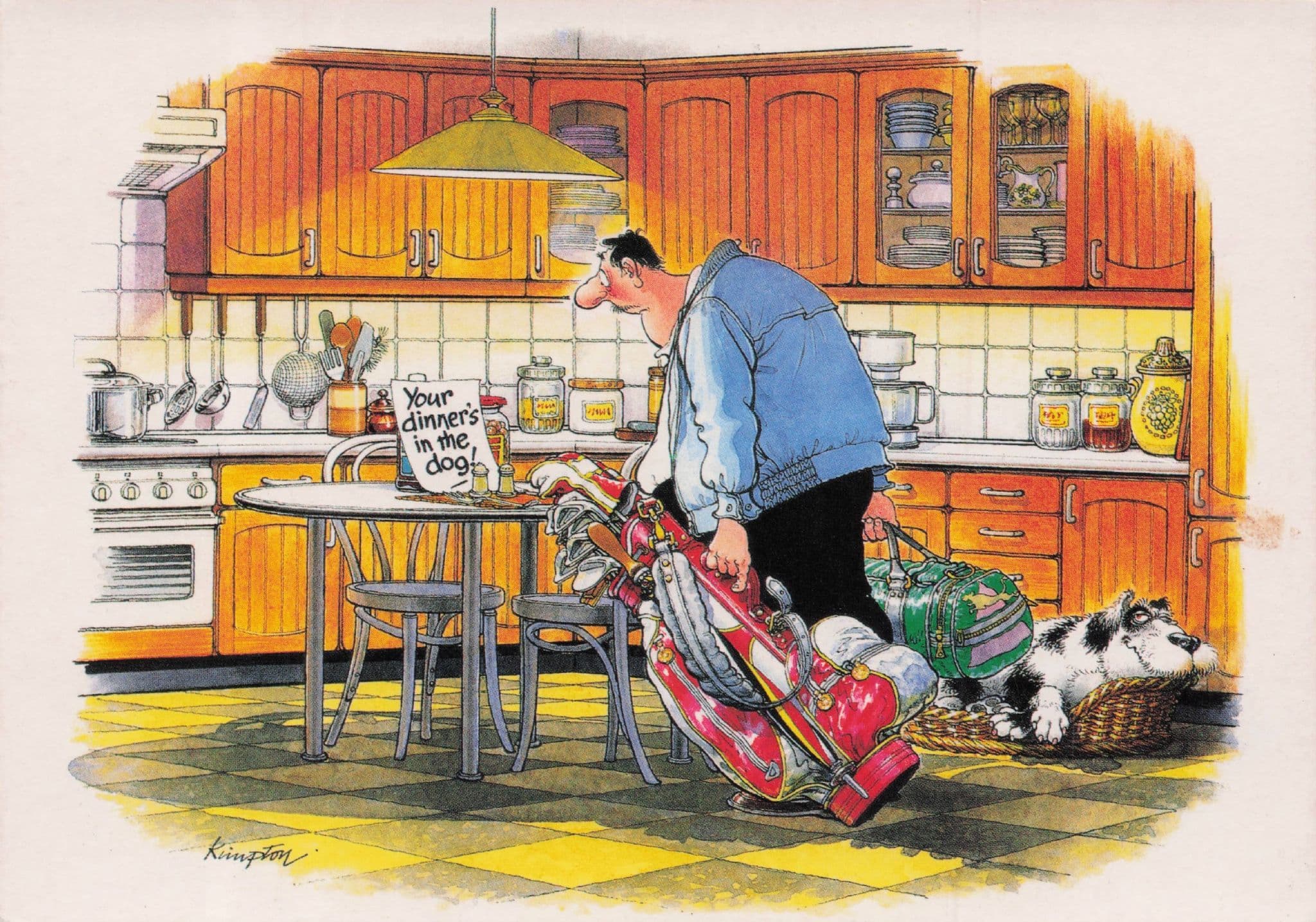 Golf Crazy Man Wife Walkout & Dinner In Dog Vintage Comic Postcard