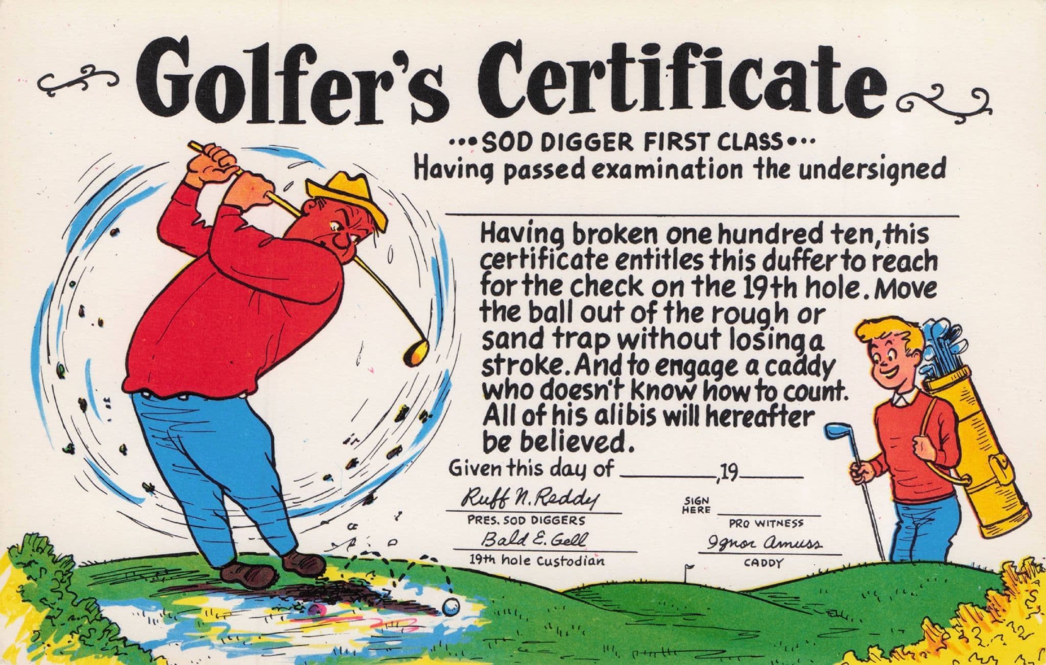 Golfers Certificate Vintage Golfer Mint 1970s Comic Postcard
