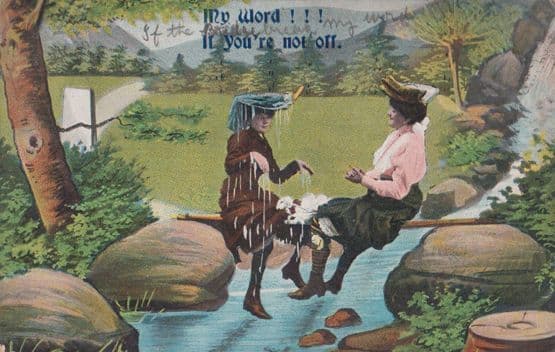Gossip On River Fence Ladies Gossiping Sharing Secrets Antique Comic Postcard