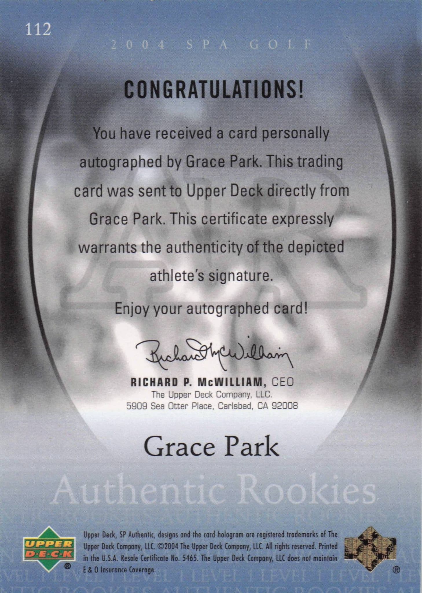Grace Park Authentic Rookies 2004 Golf SP Hand Signed Autograph Card
