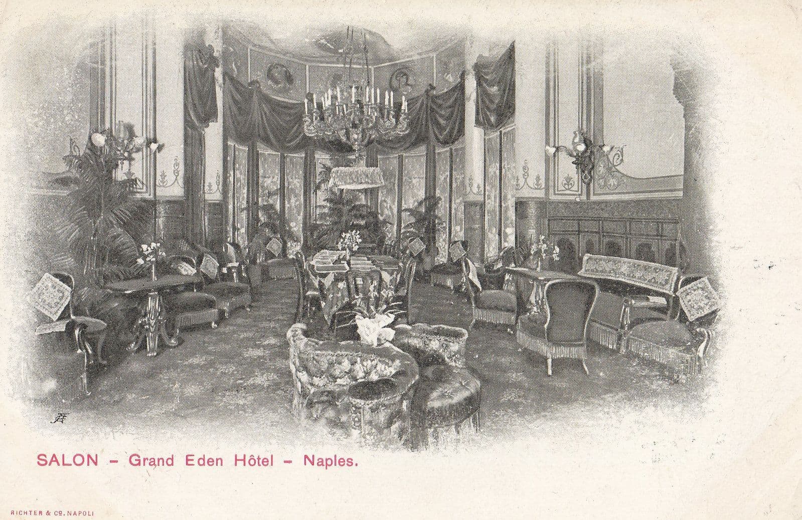 Grand Eden Hotel Naples Lounge Salon Old Painting Postcard