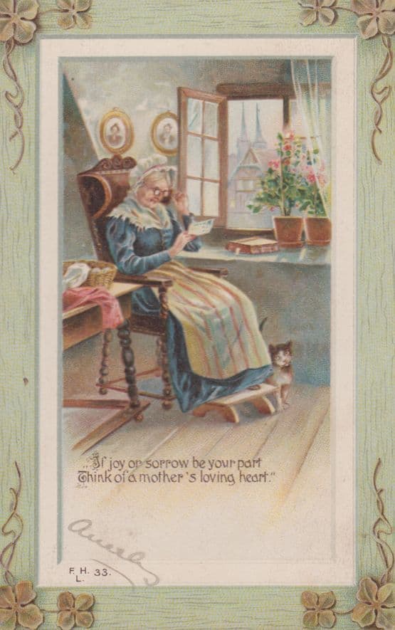 Grandmother on Foot Stool With Cat Reading Antique Family Letter Old Postcard