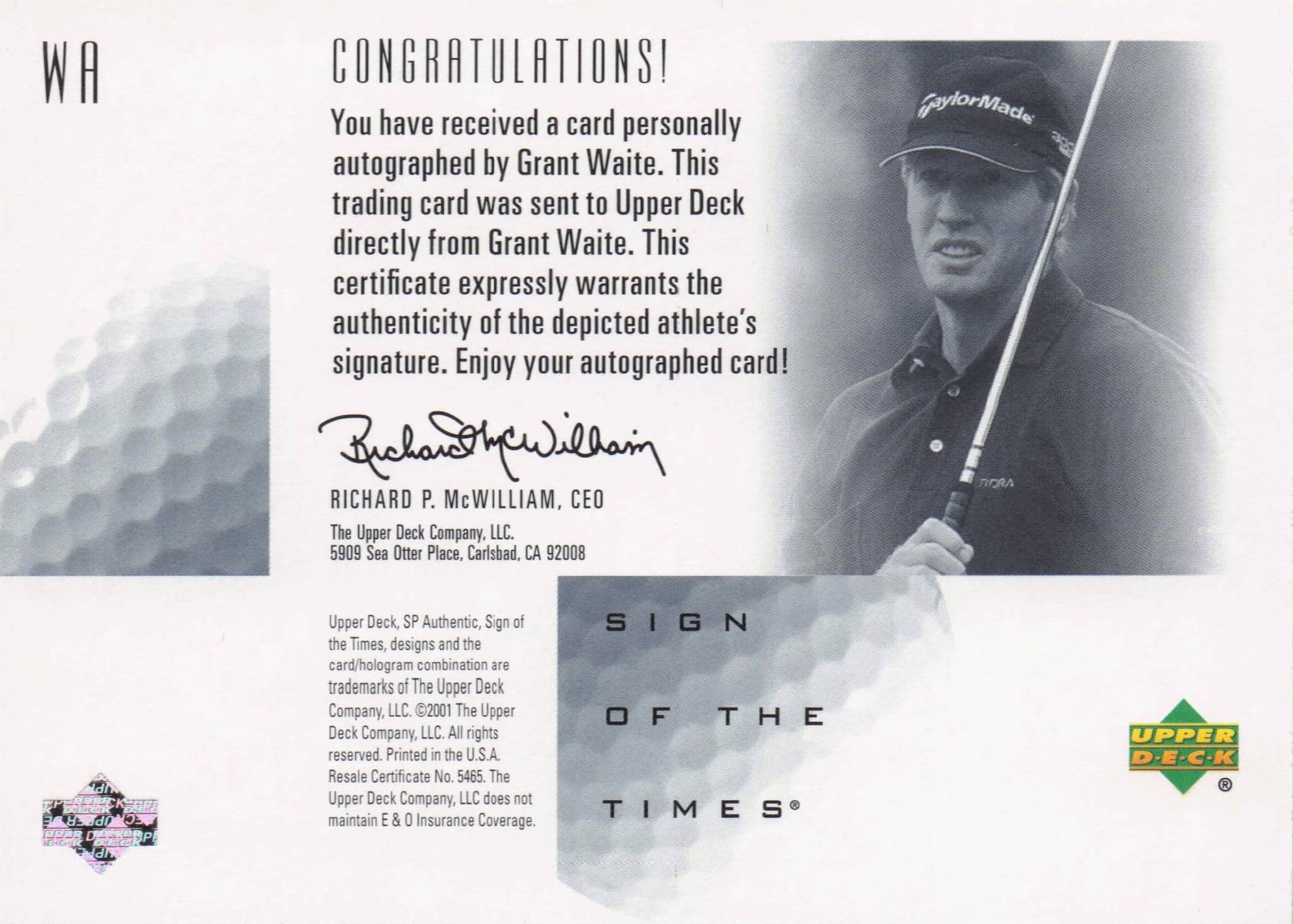 Grant Waite Sign Of The Times Hand Signed 2001 SP Golf Autograph Card