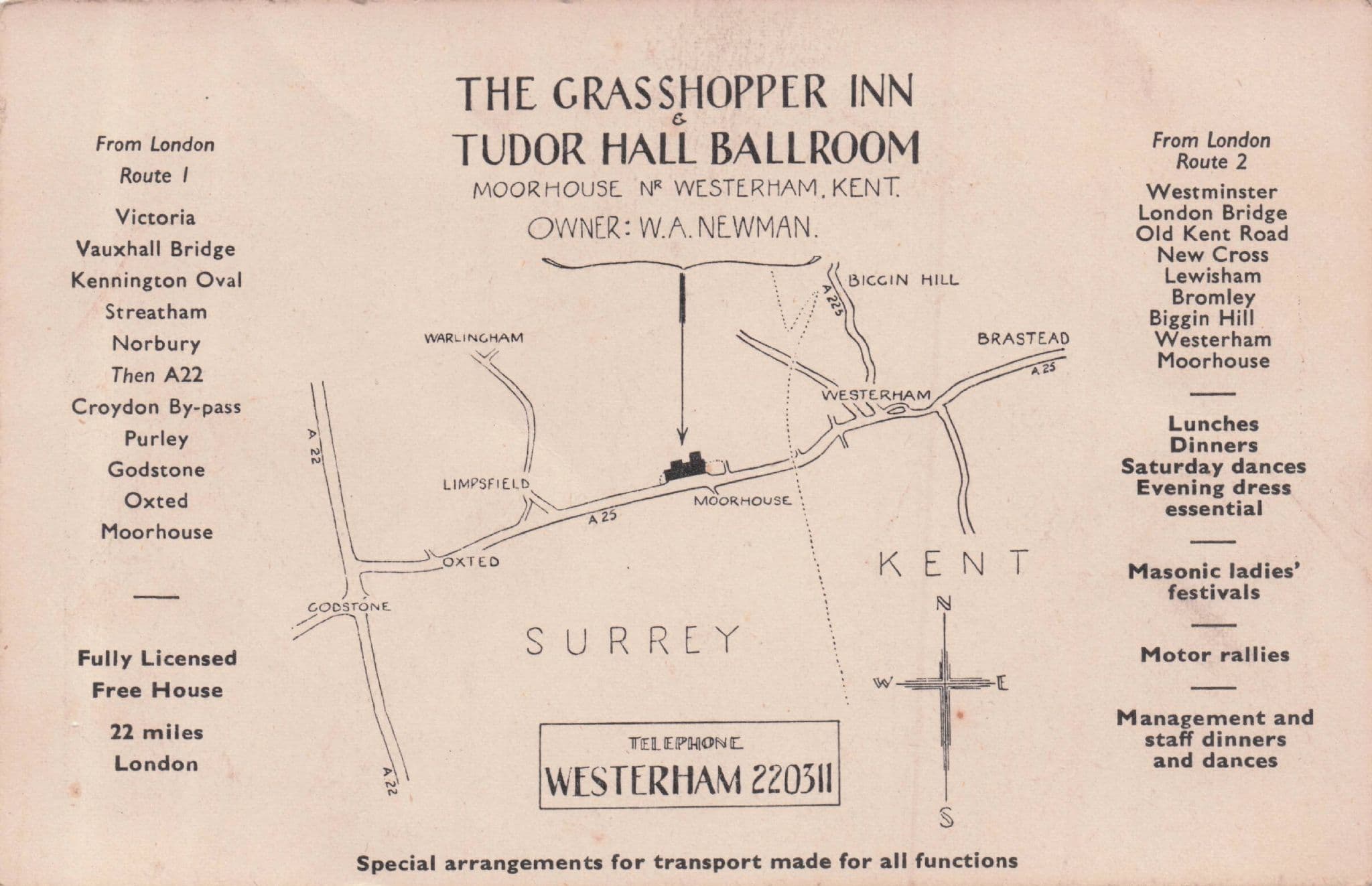 Grasshopper Inn Ballroom Oxted Road Surrey Antique Map Card