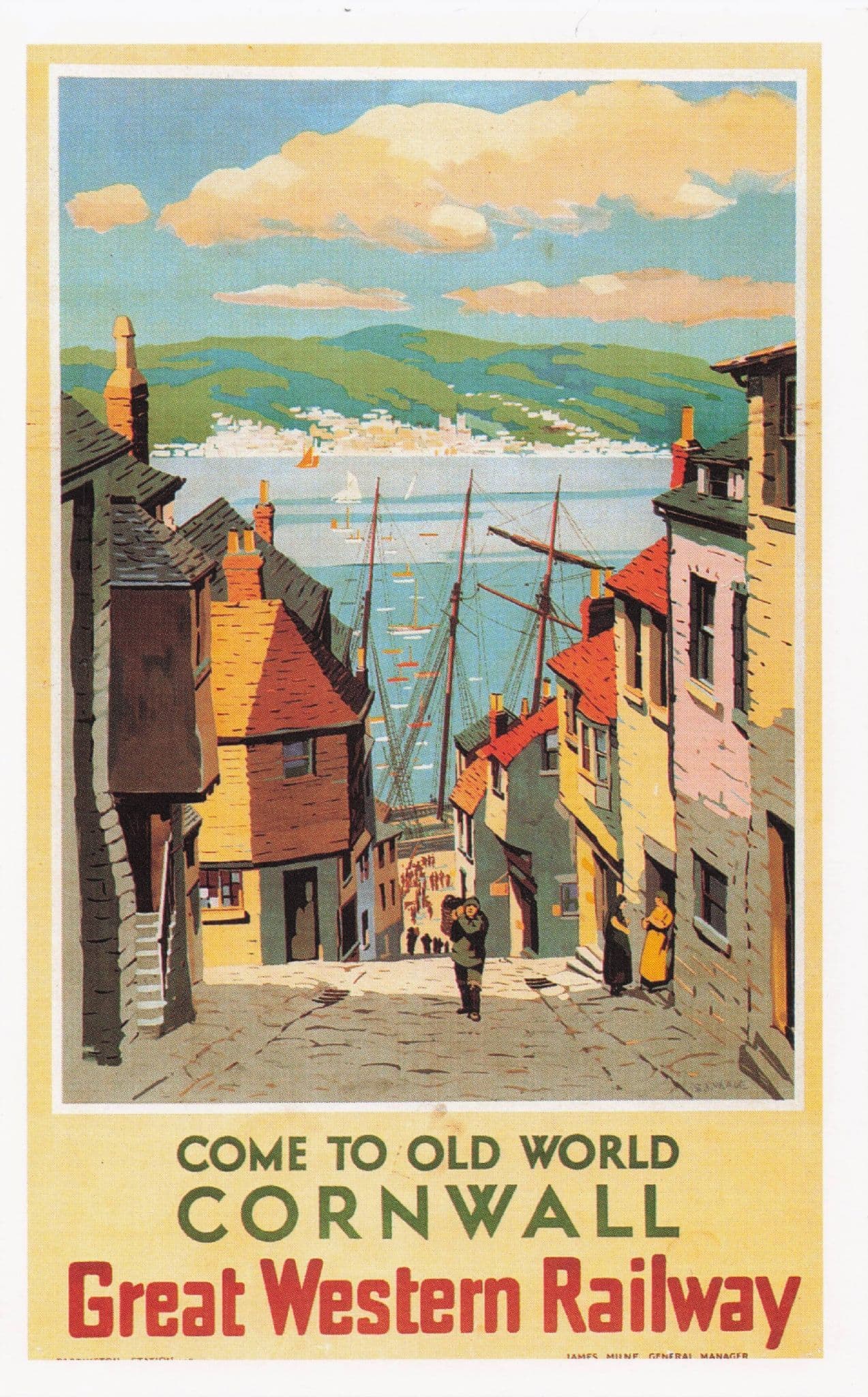 Great Western Railway Come To Old World Cornwall Train Boats Poster Postcard