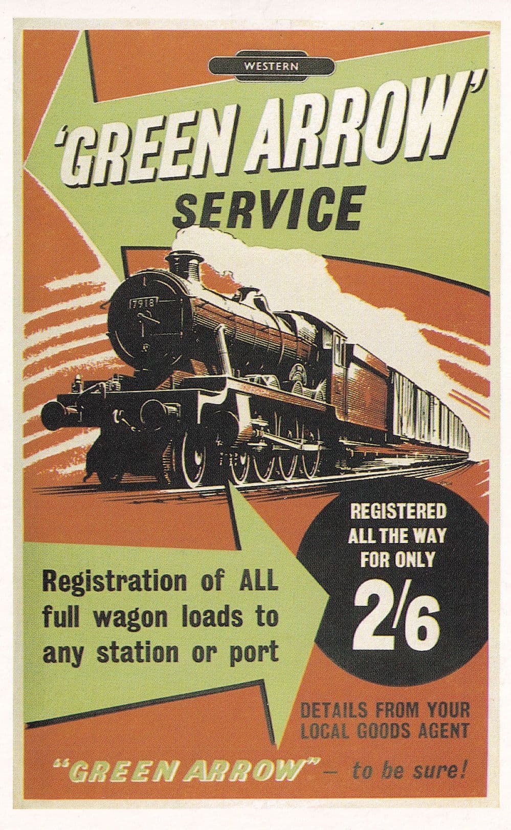 Green Arrow Service Train Advertising Poster Postcard