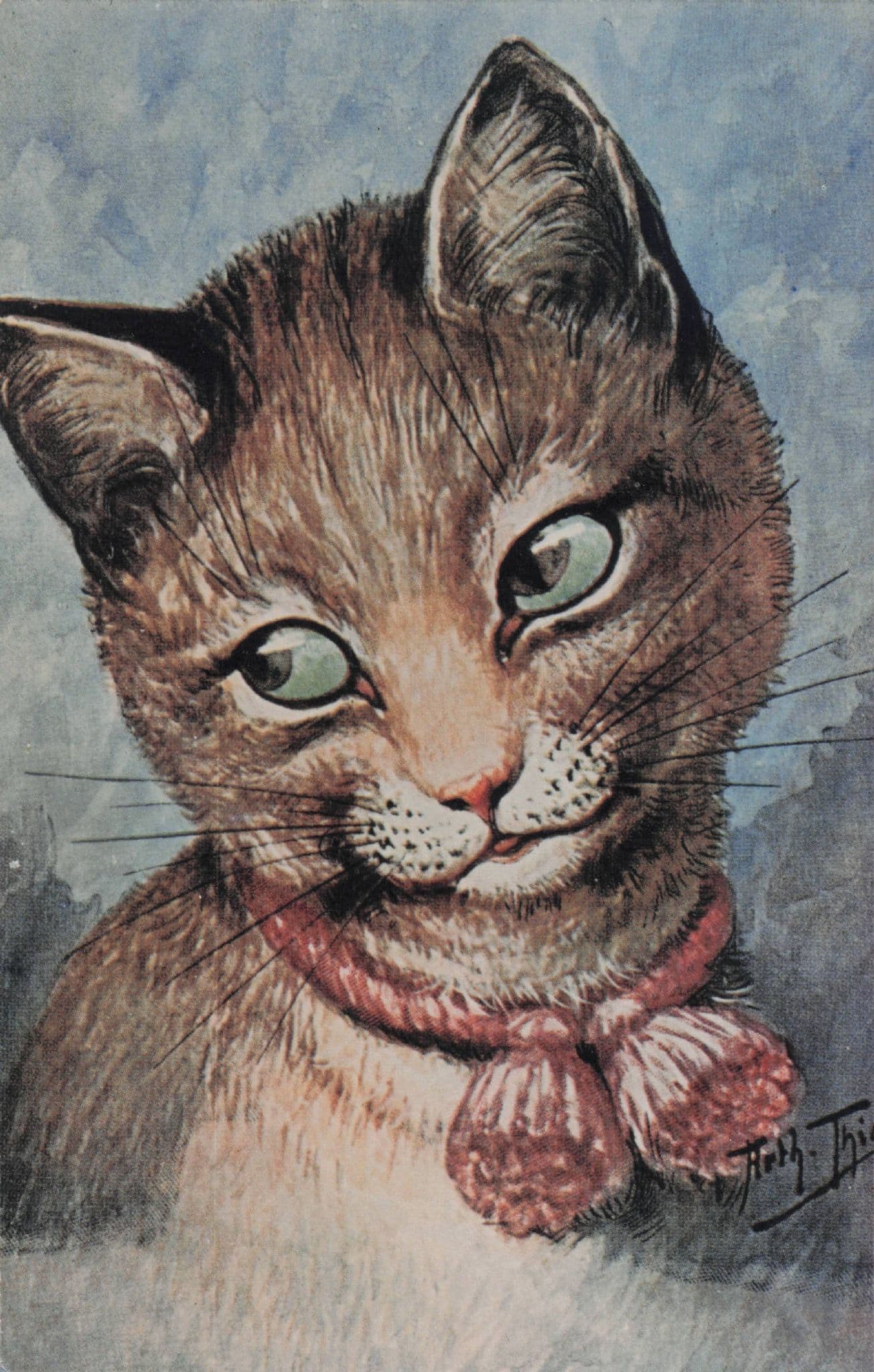 Green Eyed Cat With Pink Collar Louis Wain Style Cats Postcard