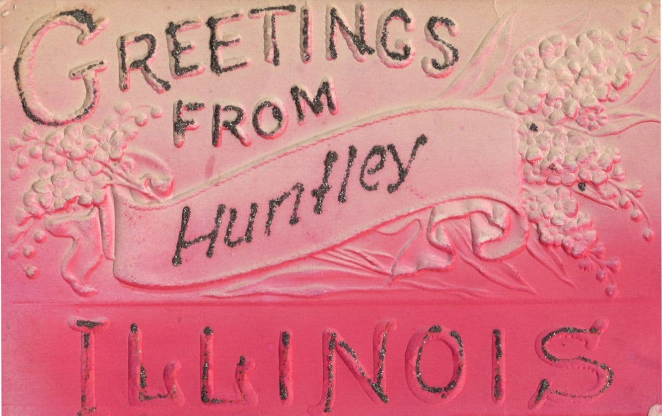 Greetings From Huntley Illinois Real Glitter Relief Old USA Postcard