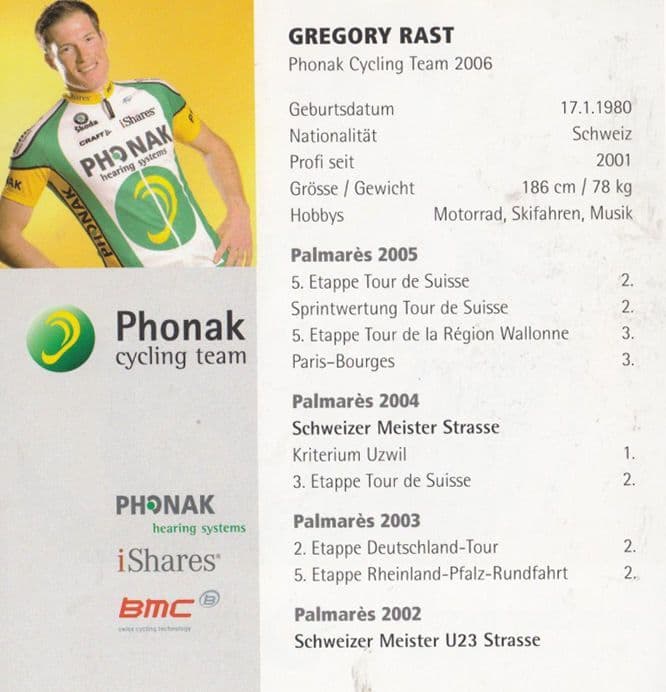 Gregory Rast Swiss Cycling Champion Phonak Team Hand Signed Photo
