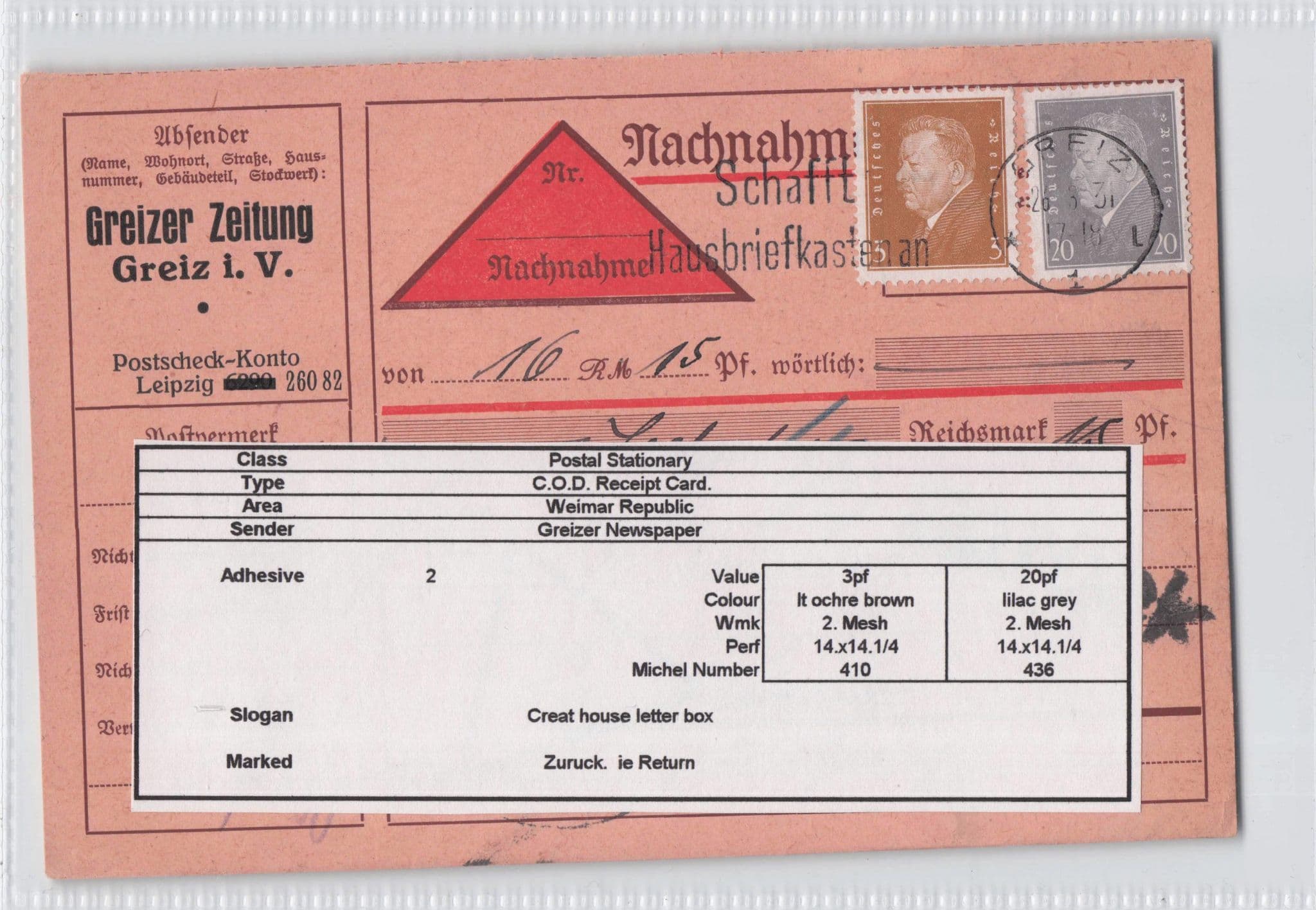 Greizer Zeitung Griez Old German Newspaper Receipt 1931 Postcard