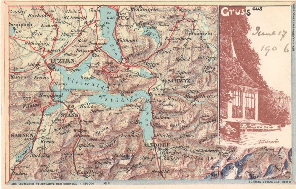 Gruss Aus Luzern Schwyz Altdorf Tellskapelle Switzerland Map Rare Postcard
