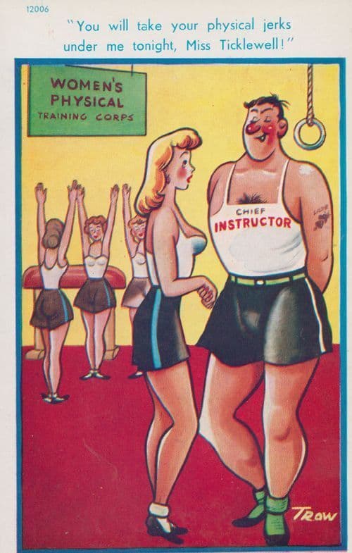 Gym Lady In Black Leather Skirt Physical Exercise Instructor Old Comic Postcard