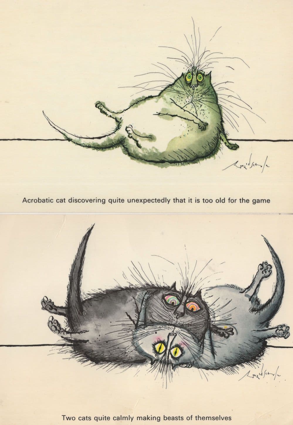Gymnastic Acrobatic Cats 2x Comic Cat Artist Postcard s