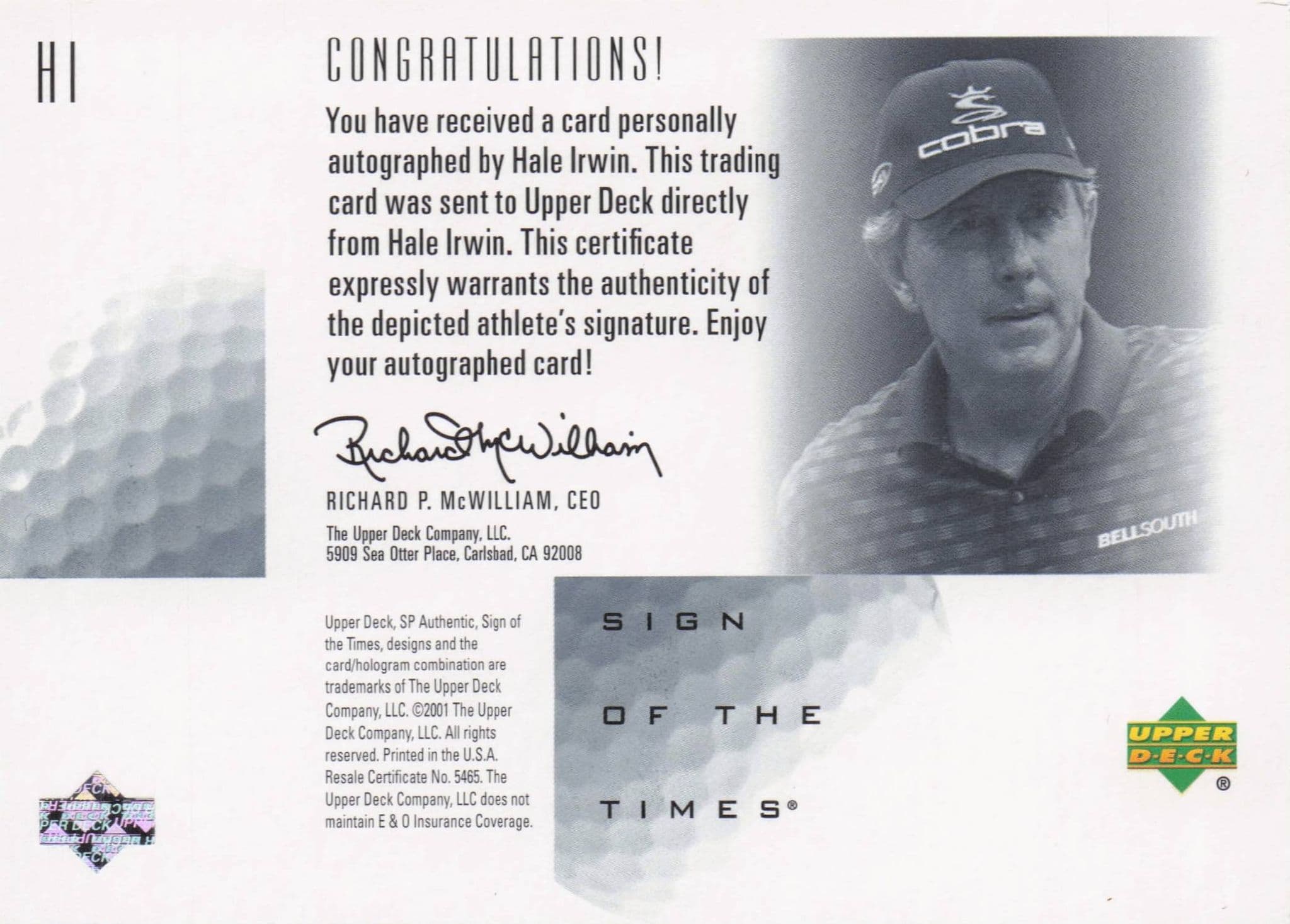 Hale Irwin Sign Of The Times Hand Signed 2001 SP Golf Autograph Card