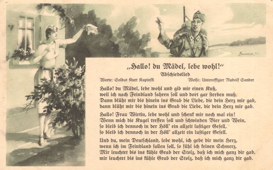 Hallo Du Madel Lebe Wohl WW1 German Songcard Military Postcard