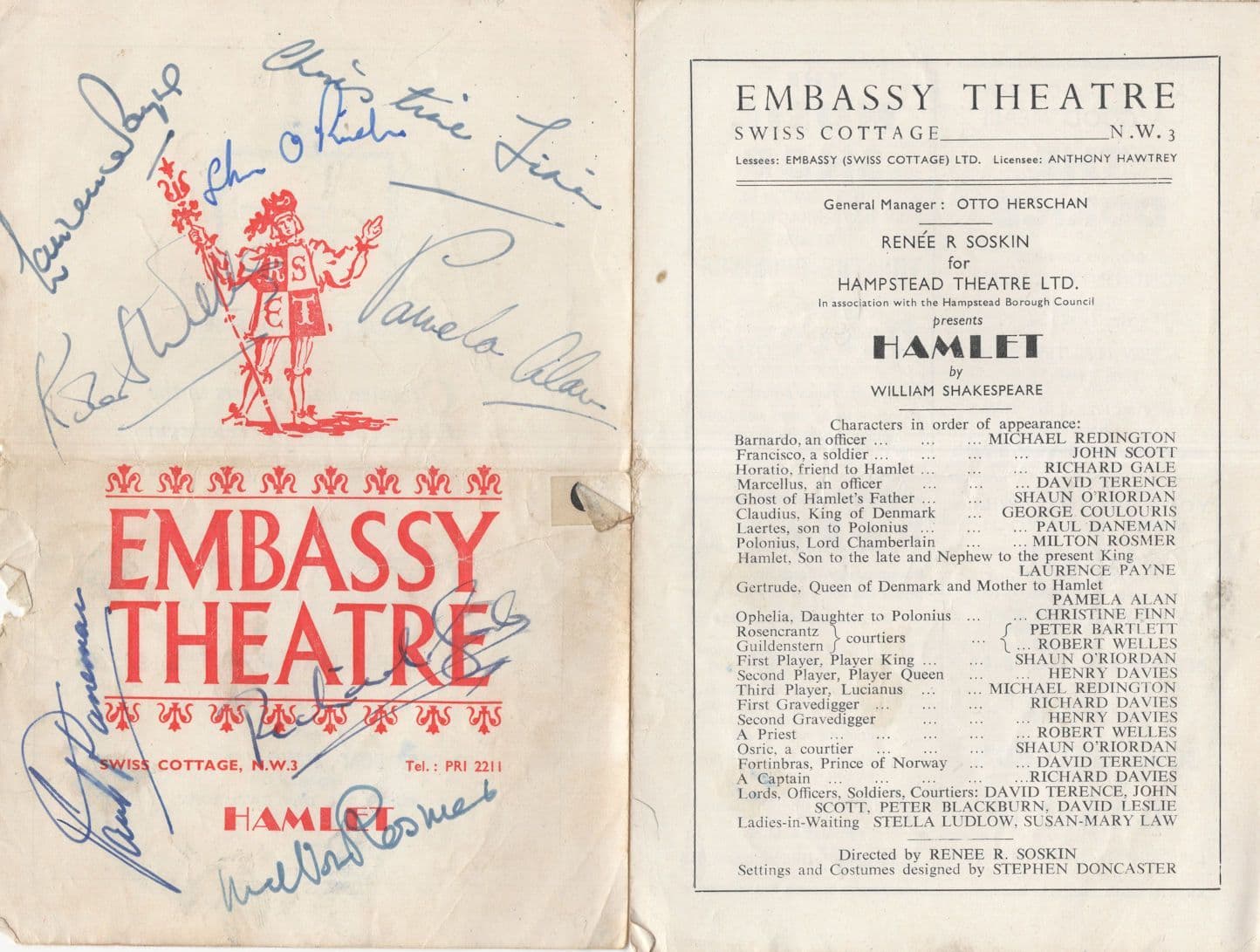 Hamlet Shakespeare Multi Hand Signed V Poor Cond Theatre Programme