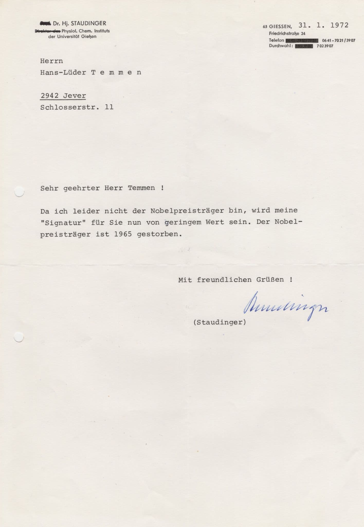 Hansjurgen Staudinger WW2 Dachau Nazi War Camp Hand Signed Letter